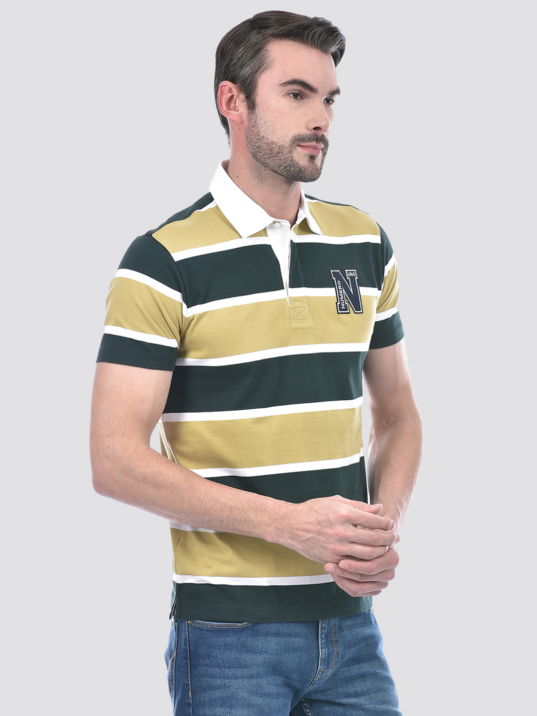 Numero Uno Men Olive And White Striped Polo T-Shirt